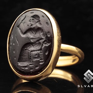 24K Gold Plated Ring, Apollo Greek Coin Signet Ring, 925 Sterling Silver Ring, Ancient Glass Intaglio Ring, Gift For Her, Stacking Ring