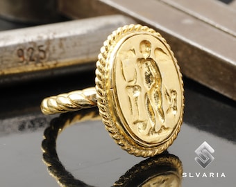 Bague chevalière ange plaquée or 24 carats en argent 925 pièce de monnaie grecque antique Cupidon bague corde torsadée à la main cadeau historique bague d'art design fantaisie