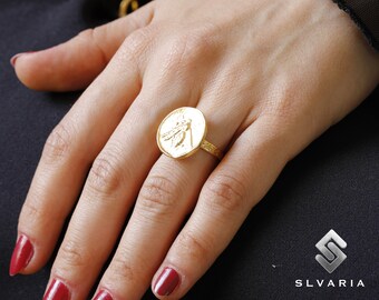 Ancient Greek Coin Bee 24K Gold Vermeil 925 Silver Signet Ring Handmade Unique Dainty Gift Ring Mythological Fancy Animal Art Pinky Ring