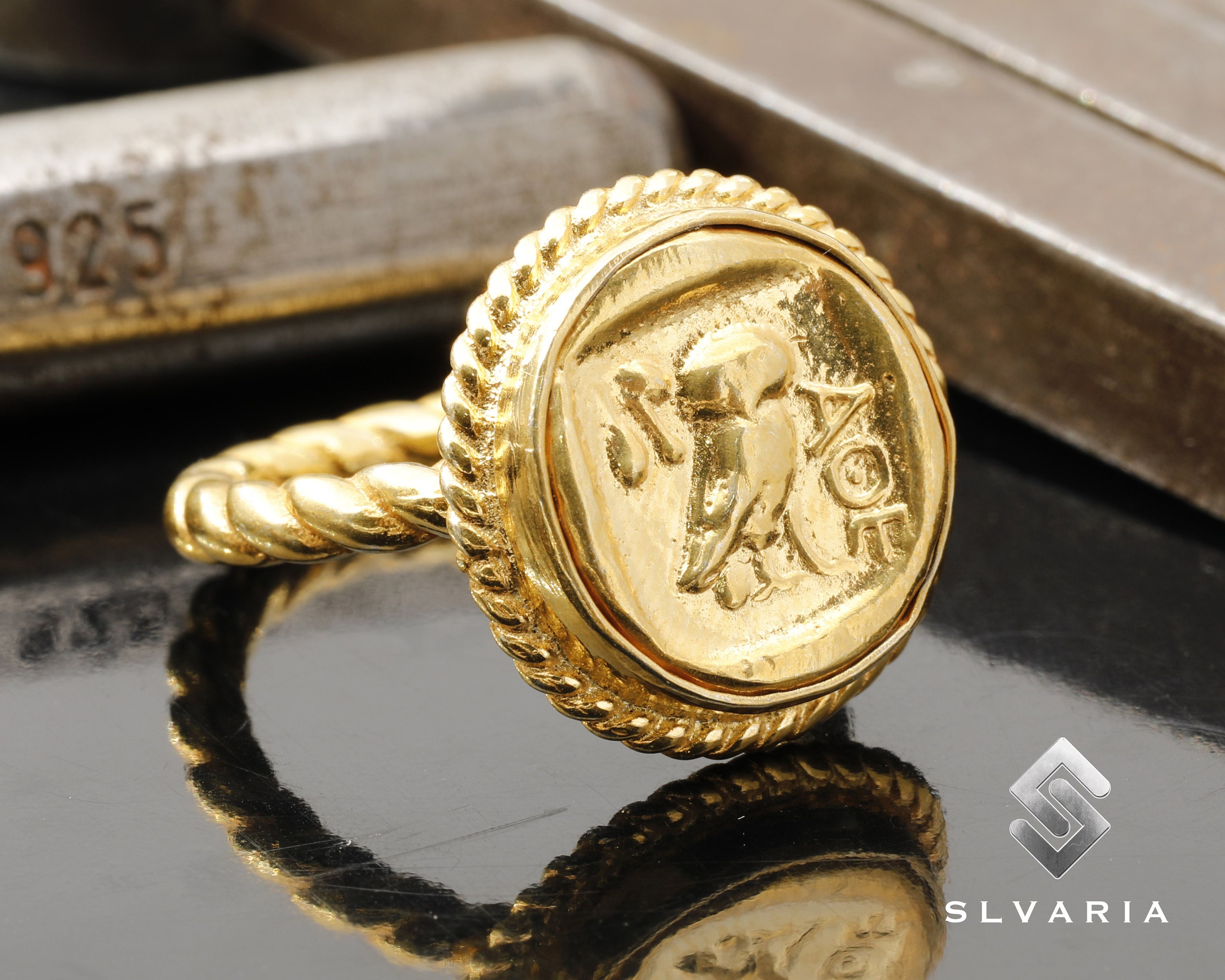Owl 24K Gold Plated 925 Silver Ancient Greek Signet Silver Coin Ring Handmade Unique Dainty Minimali