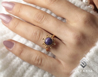 Natural Charoite Crystal Sun Handmade 24K Gold Plated 925 Sterling Silver Gemstone Sagittarius Ring Women Fashion Boho Ring Creativity Stone