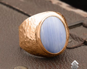 ハンマー加工メンズ天然ブルーレースアゲート宝石リング、18Kローズ