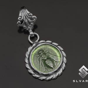 Women&#39;s Honey Bee Pendant, Black Oxidized 925 Silver Pendant, Cameo Ancient Greek Coin Pendant, Glass Intaglio Pendant, Gift For Her