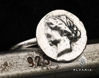 Ritratto di donna Moneta d'argento 925 Anello con sigillo greco antico Anello fatto a mano anti-ossidazione Anello delicato unico Regalo mitologico Anello d'arte fantasia