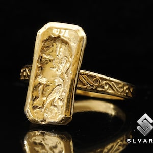 Ancient Roman Coin Ceaser 24K Gold Vermeil 925 Silver Signet Ring Handmade Unique Dainty Gift Ring Mythological Fancy Heaven Art Pinky Ring