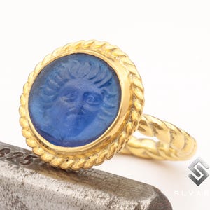 Tiny Medusa Ring, Greek Coin Signet Ring, 24K Gold Vermeil 925 Silver Ring, Ancient Roman Ring, Blue Glass Intaglio Ring, Minimalist Jewelry