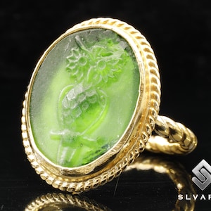 24K Gold Plated 925 Silver Glass Intaglio Owl Coin Signet Rope Twist Ring Handmade Unique Dainty Bohemian Ring Animal Art Design Ring