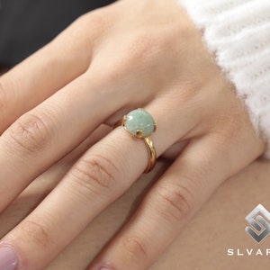 Natural Green Aventurine Crystal Handmade 24K Gold Plated 925Sterling Silver Round Gemstone Libra Ring Women Dainty Solitaire Gift Luck Ring image 1