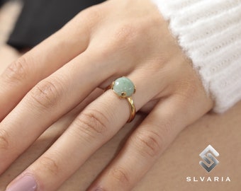 Natural Green Aventurine Crystal Handmade 24K Gold Plated 925Sterling Silver Round Gemstone Libra Ring Women Dainty Solitaire Gift Luck Ring