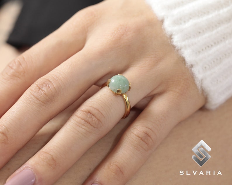 Natural Green Aventurine Crystal Handmade 24K Gold Plated 925Sterling Silver Round Gemstone Libra Ring Women Dainty Solitaire Gift Luck Ring image 1