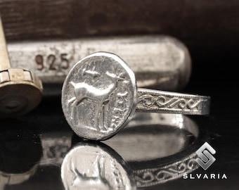 Anillo de plata 925 con sello griego antiguo, con forma de ciervo y moneda de plata, hecho a mano, antideslustre, único y delicado, regalo mitológico, anillo con arte animal de lujo.
