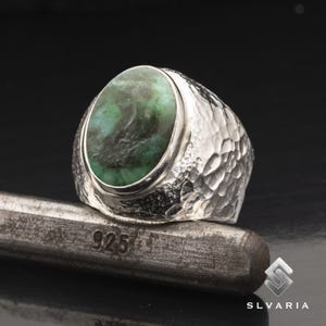 925 Silver Ring Natural Green Nephrite Jade Gemstone Ring, Handmade Unisex Ring, Boho Hammered Men&#39;s Ring, Valentine&#39;s Day Gift, Boho Ring