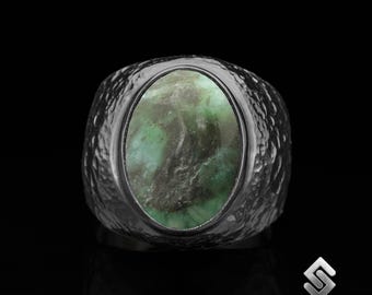 925 Silver Ring Natural Green Jade Gemstone Ring, Black Oxidized Handmade Unisex Ring, Healing Hammered Men&#39;s Ring for Mens & Women&#39;s Gift