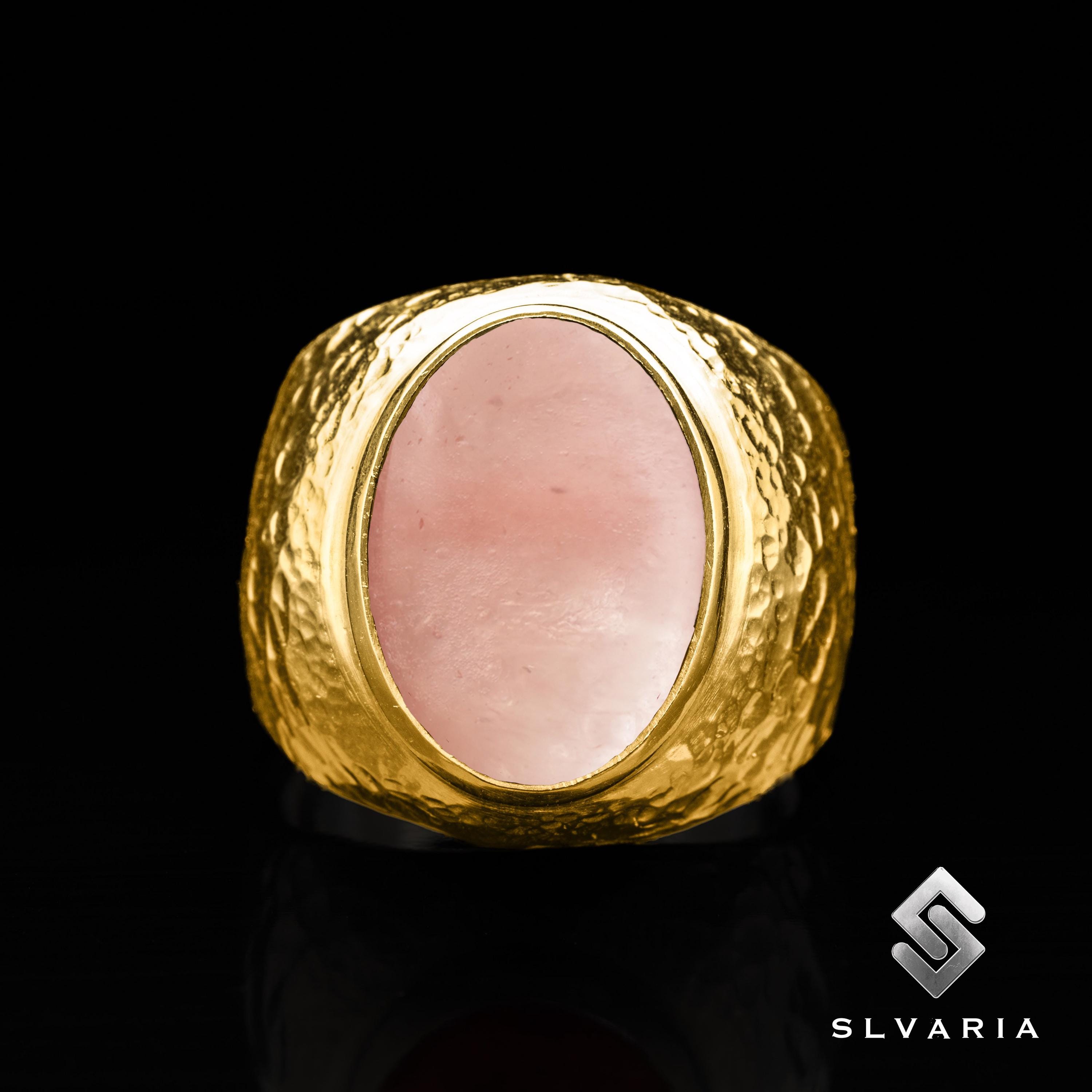 Hammered Women's Natural Pink Cherry Quartz Gemstone Ring, 24K