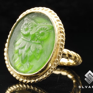 Owl Signet Ring 24K Gold Plated 925 Silver Glass Intaglio Rope Twist Ring Handmade Turkish Fine Jewelery Unique Dainty Bohemian Animal Art