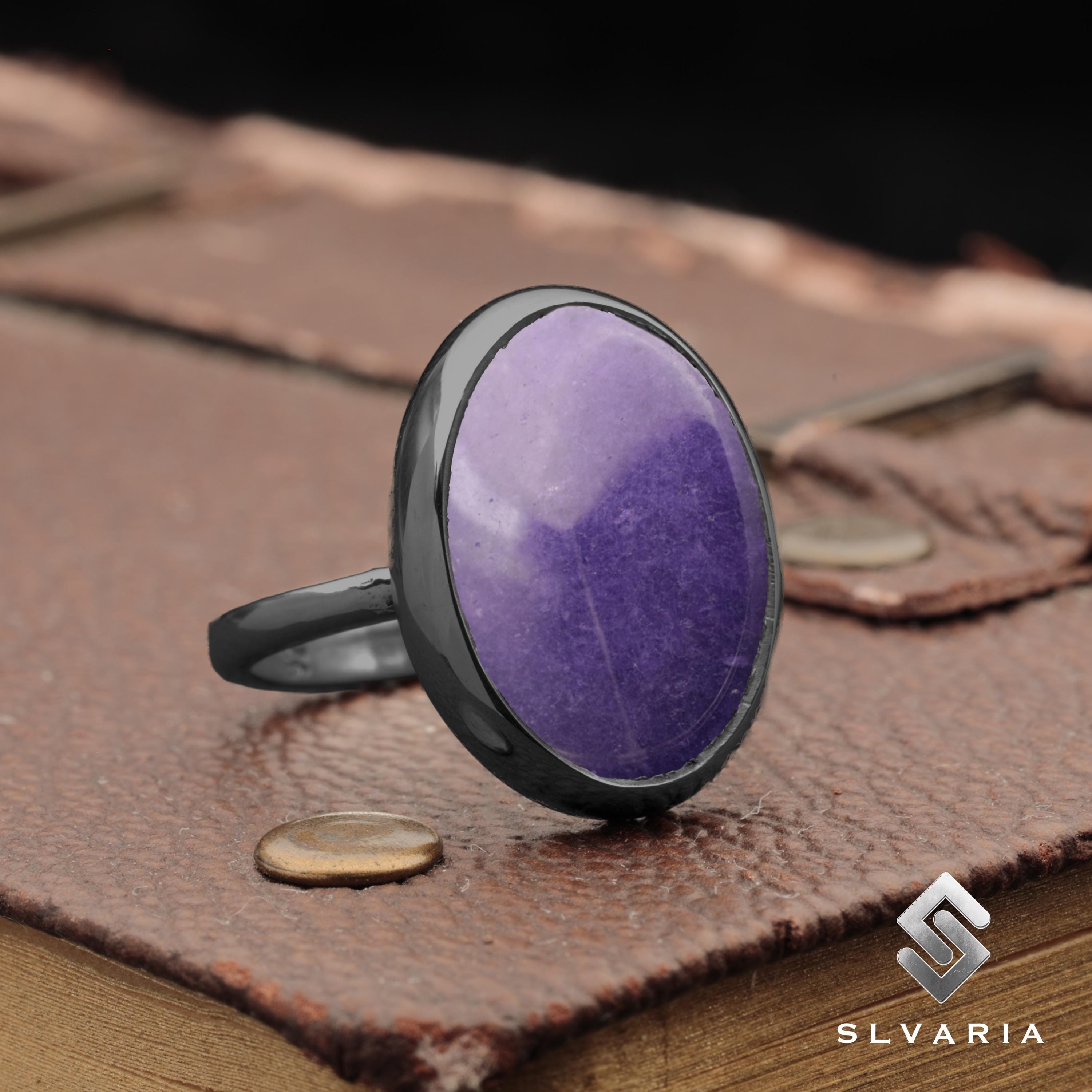 Anello In Giada Naturale Viola 17-18mm Pietra Preziosa Cerchio Dita Donna - Vintage Fatto A Mano