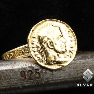 Ancient Roman Coin Ceaser 24K Gold Vermeil 925 Silver Signet Ring Handmade Unique Dainty Gift Ring Mythological Fancy Art Pinky Ring