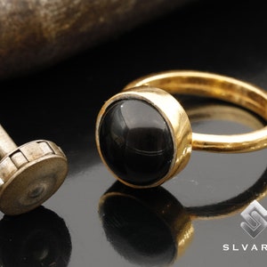 Anillo Leo de plata de ley 925 chapado en oro de 24 quilates con piedra preciosa redonda de ónix negro natural, hecho a mano, para mujer, regalo de boda elegante, piedra energética