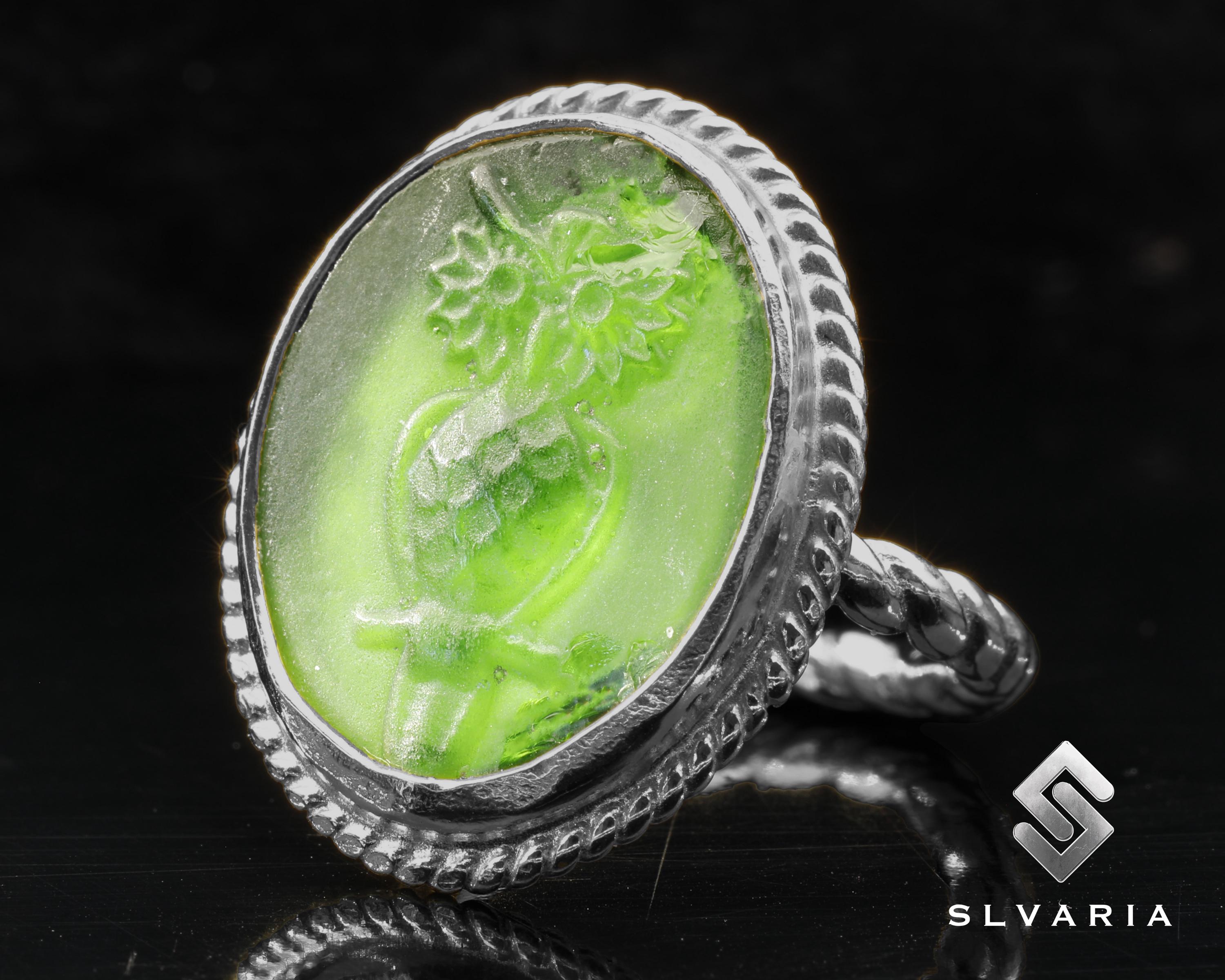 Black Owl Ring, Green Glass Intaglio Ring, Black Oxidized 925 Silver Ring, Handmade Signet Ring Bohe