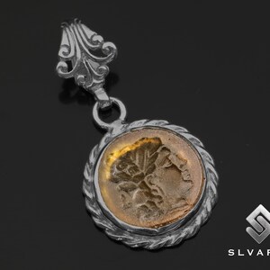 Janus Necklace, Black Oxidized 925 Silver Pendant, Ancient Greek Pendant, Signet Coin Pendant, Green Glass Intaglio Necklace For Her