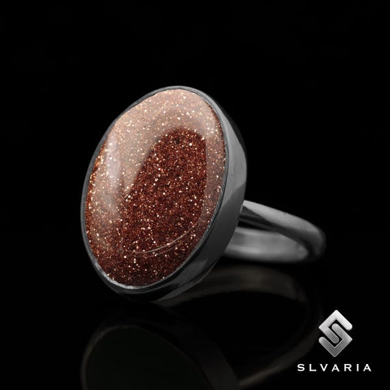 Natural Brown Goldstone Gemstone Ring, 925 Sterling Silver