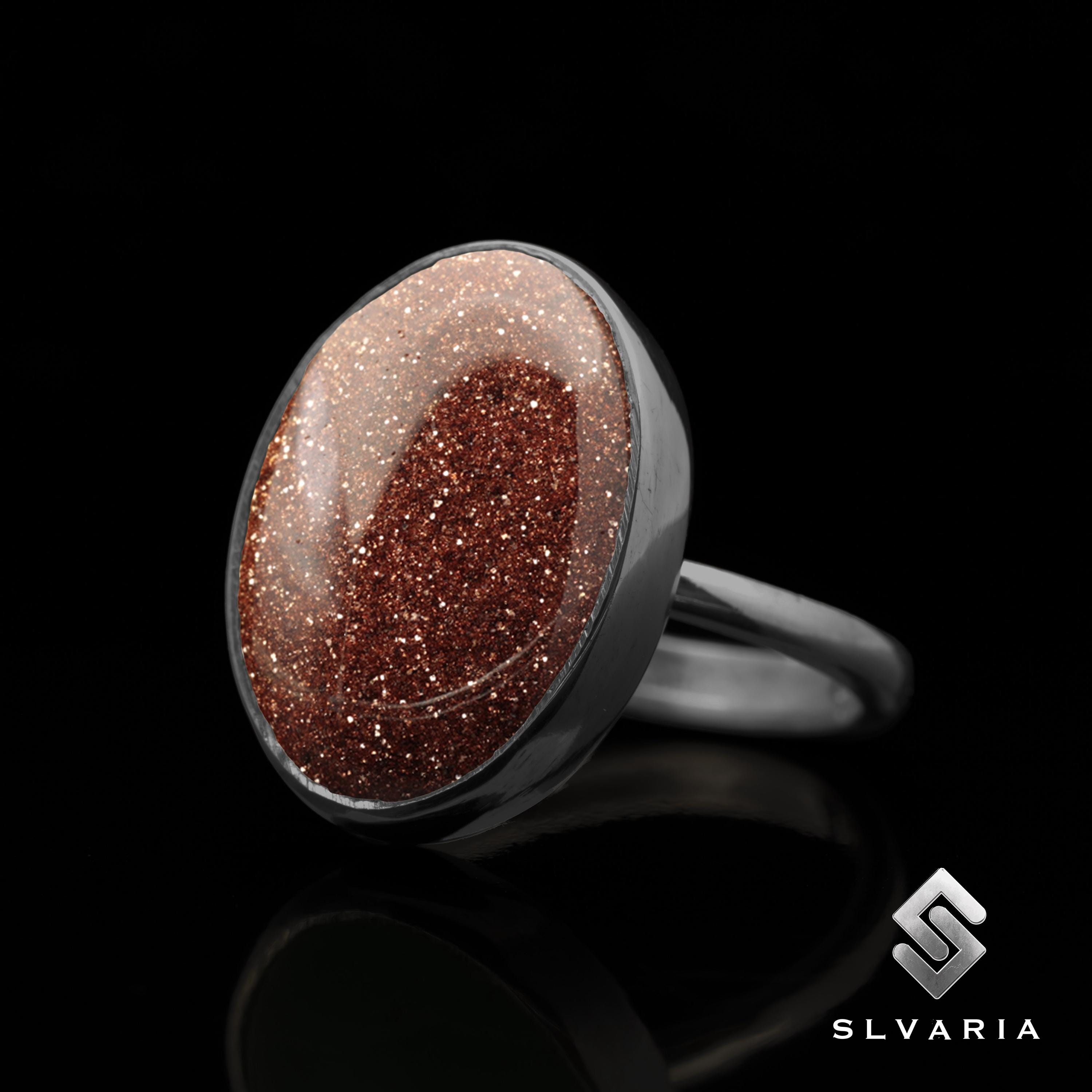 Natural Brown Goldstone Gemstone Ring, 925 Sterling Silver, Rings 