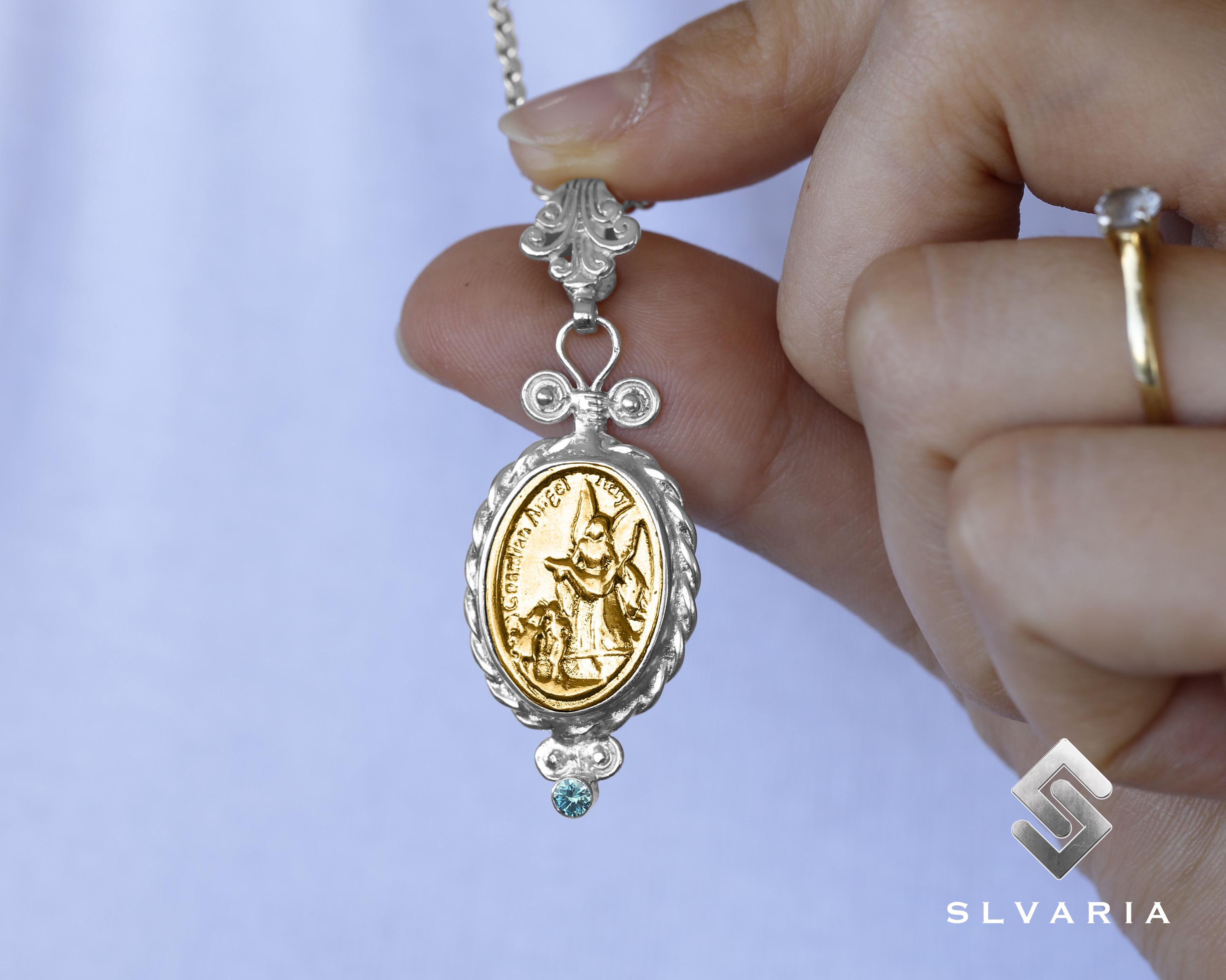 Guardian Angel St Michael Archangel Zirconia Necklace, 24K Gold