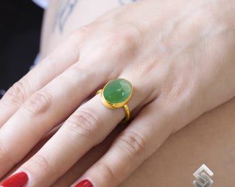 Natural Green Jade Ring, Gemstone Ring, 24K Gold Plated 925 Silver, Oval Solitaire Women's Ring, Healing Crystal Ring, Personalized Jewelry