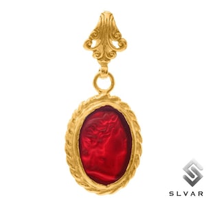 Aphrodite Necklace Pendant, 24K Gold Plated 925 Silver Pendant, Ancient Glass Intaglio Pendant, Greek Coin Pendant, Red Minimalist Pendant