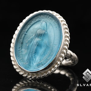 Ora por nosotros dos tonos Virgen María Cameo Anillo 925 Plata Vidrio Intaglio Moneda Griega Signet Anillo Único Anillo Delicado Anillo de Hombres Regalo para él