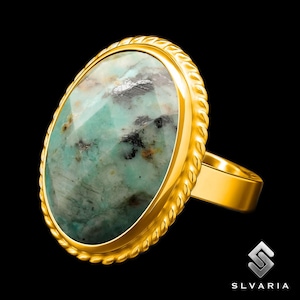 24K Gold Plated 925 Sterling Silver, Natural Faceted African Turquoise Stacking Ring, Gemstone Ring, Women&#39;s Ring, Handmade Jewelry Ring