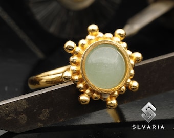 Natürliche Grün Aventurin Kristall Sonne Handgemachte 24K Vergoldete 925 Sterling Silber Edelstein Krebs Ring Frauen Mode Boho Ring Heilstein