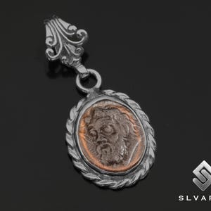 Orange Zeus Pendant, Greek Coin Black Oxidized 925 Silver Pendant, Ancient Glass Intaglio Pendant, Mythological God Ancient Cameo Necklace