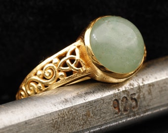 Natural Green Aventurine Crystal Triquetra Design Handmade 24K Gold Plated 925 Sterling Silver Ring Round Gemstone Libra Ring Wealth Stone