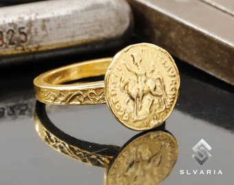 Ancient Roman Coin Commander 24K Gold Vermeil 925Silver Signed Ring Handmade Unique Dainty Gift Ring Mythological Fancy Horse Art Pinky Ring