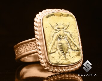 18K Rose Gold Plated Ring, 24K Gold Plated Ring, Stackable Ring, Ancient Greek Coin Ring, Honey Bee Ring, 925 Silver Ring, Signet Coin Ring