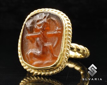 24K Gold Plated 925 Silver Ancient Greek Coin Glass Intaglio Roman Cupid Angel Signet Ring Unique Dainty Ring Historical Design Art Ring