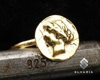 24K Gold Plated Women Portrait Silver Coin 925 Silver Ancient Greek Signet Ring Handmade Anti-Tarnish Ring Minimalist Gift Fancy Art Ring