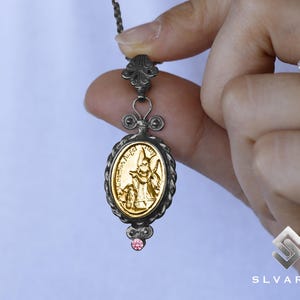 Unique Two Tone Silver Guardian Angel Necklace, Black Oxidized & 24K Gold Plated 925 Silver Pendant ,Spiritual Believerst Archangel Necklace