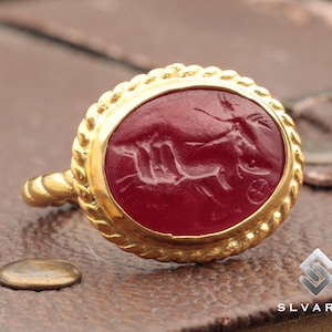 Solider Quadriga Cavalryman Ring, 24K Gold Vermeil Ring, Red Glass Intaglio Ring, Ancient Roman Art Ring, Minimalist Ring, Gift For Her