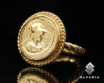 24K Gold Plated Athena Coin Signet Ring 925 Silver Ancient Roman Handmade Unique Ring Mythological Gift Women's Gift Warrior Design Ring
