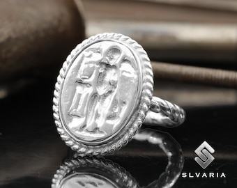 Bague chevalière ange en argent 925 pièce de monnaie grecque antique Cupidon fait main anti-ternissement bague corde torsadée cadeau mythologique bague artistique design fantaisie