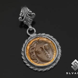 Black Oxidized Medusa Ancient Greek Pendant, Signet Pendant, 925 Sterling Silver Pendant, Glass Intaglio, Women&#39;s Christmas Gift, Greek God