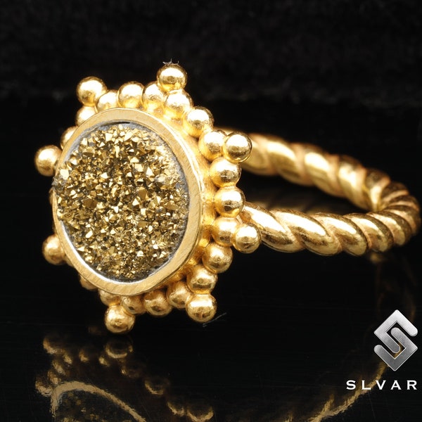 24K Gold Plated Natural Gold Druzy Crystal Sun Handmade 925 Sterling Silver Round Gemstone Ring Gemini Women's Ring Love Stone Wedding Ring