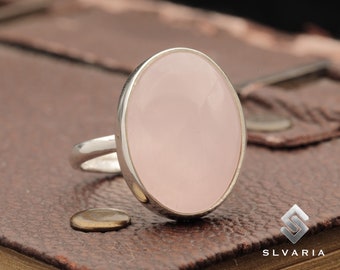 Natural Rose Quartz Ring, Gemstone Ring, 925 Sterling Silver, Oval Solitaire Women&#39;s Ring, Unique Pinky Ring, Wife Gift, Rings for Women