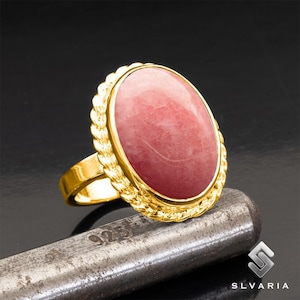 925 Sterling Silver 24K Gold Plated Ring, Natural Pink Jade Gemstone Ring, Oval Solitaire Women&#39;s Ring, Statement Ring, Rings for Women