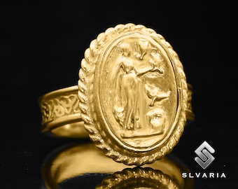 Aphrodite-ring Romeinse kunst, antieke zilveren ring, 24-karaats vergulde ring, herenring, ring oude Griekse god, 925 zilveren ring, zegelring