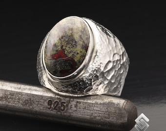 Hammered Men&#39;s Natural Bloodstone Gemstone Ring, 925K Silver Handmade Unisex Ring, Gift For Him Ring for Mens & Women&#39;s