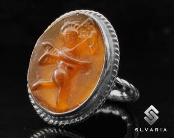 Pierścień Anioła Eros Cupid, Pierścień Intaglio ze Szkła Pomarańczowego, Pierścień Ze Srebra Próby 925, Pierścień Z Pieczęcią, Pierścień Z Mityczną Boginią