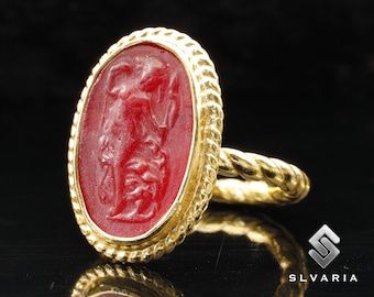 Oude Aphrodite Griekse munt glasdiepdruk 24K vergulde 925 zilveren zegelring Unieke sierlijke ring Mythologische kunst designring